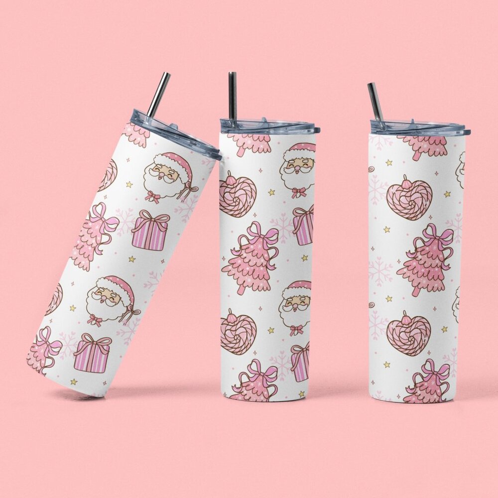 Pink Christmas Tumbler, Santa & Gifts Holiday Cup, Cute Xmas Skinny Tumbler